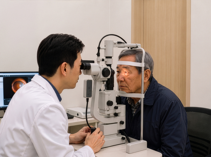 결막염 진료에서 증상 문진, 시력 검사, 결막과 눈꺼풀 확인, 세극등 검사와 각막 형광염색 검사를 시행하는 모습을 설명하는 이미지