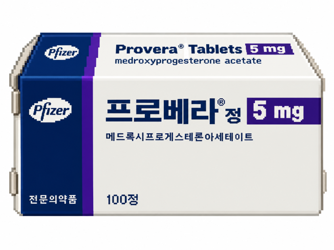 메드록시프로게스테론아세테이트가 자궁내막을 안정시키고 무월경·부정출혈 및 에스트로겐 치료 시 자궁내막을 조절하는 과정을 설명하는 이미지