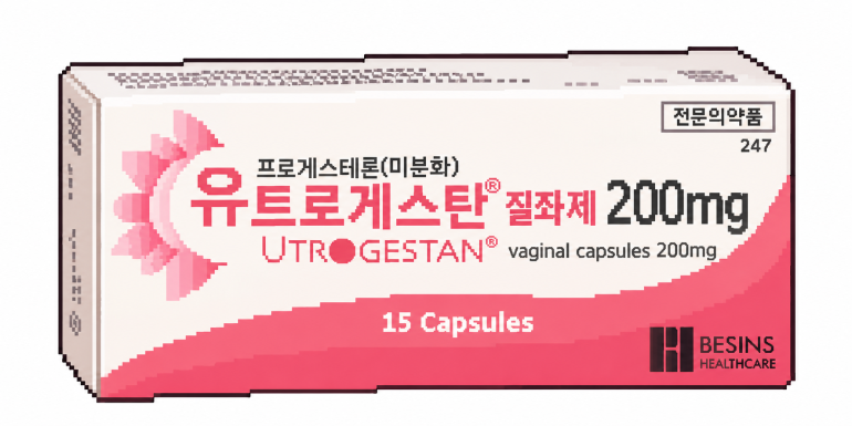 프로게스테론이 배란 이후 자궁내막을 안정시키고 에스트로겐 치료 시 자궁내막 보호와 생리 주기 조절에 관여하는 과정을 설명하는 이미지